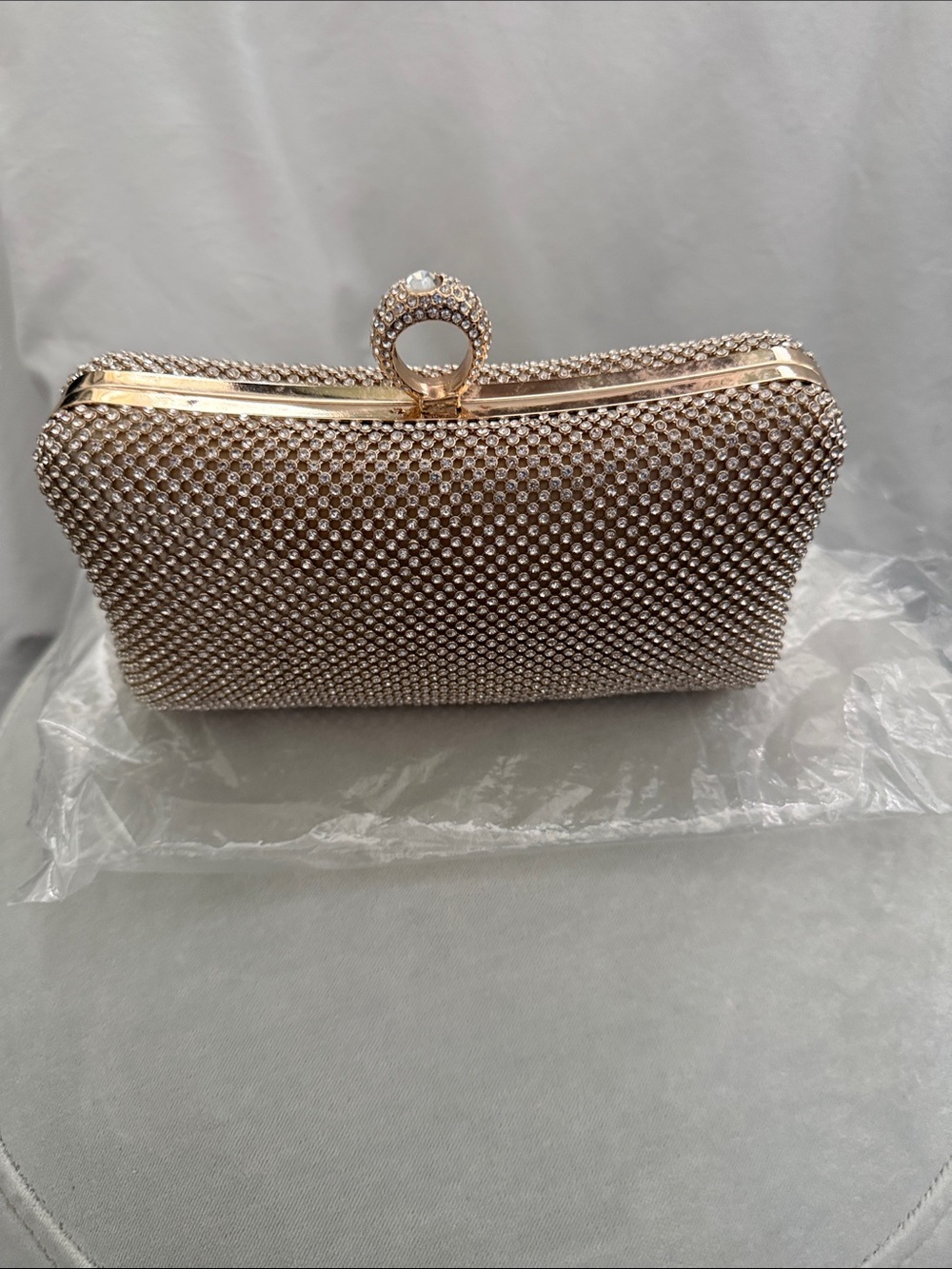 Rhinestone Evening Clutch with Gold Chain - Champagne